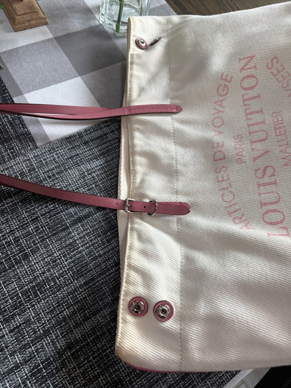 Louis Vuitton Cream Canvas Tote with Pink Handles and Logo - Picture 14 of 16